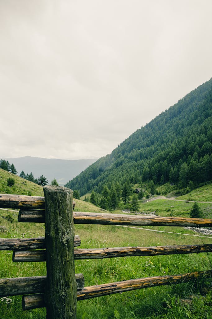 Picturesque countryside with lush greenery and wooden fence in a mountain valley.